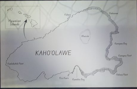 A historical map of Kahoʻolawe, as displayed in the case.